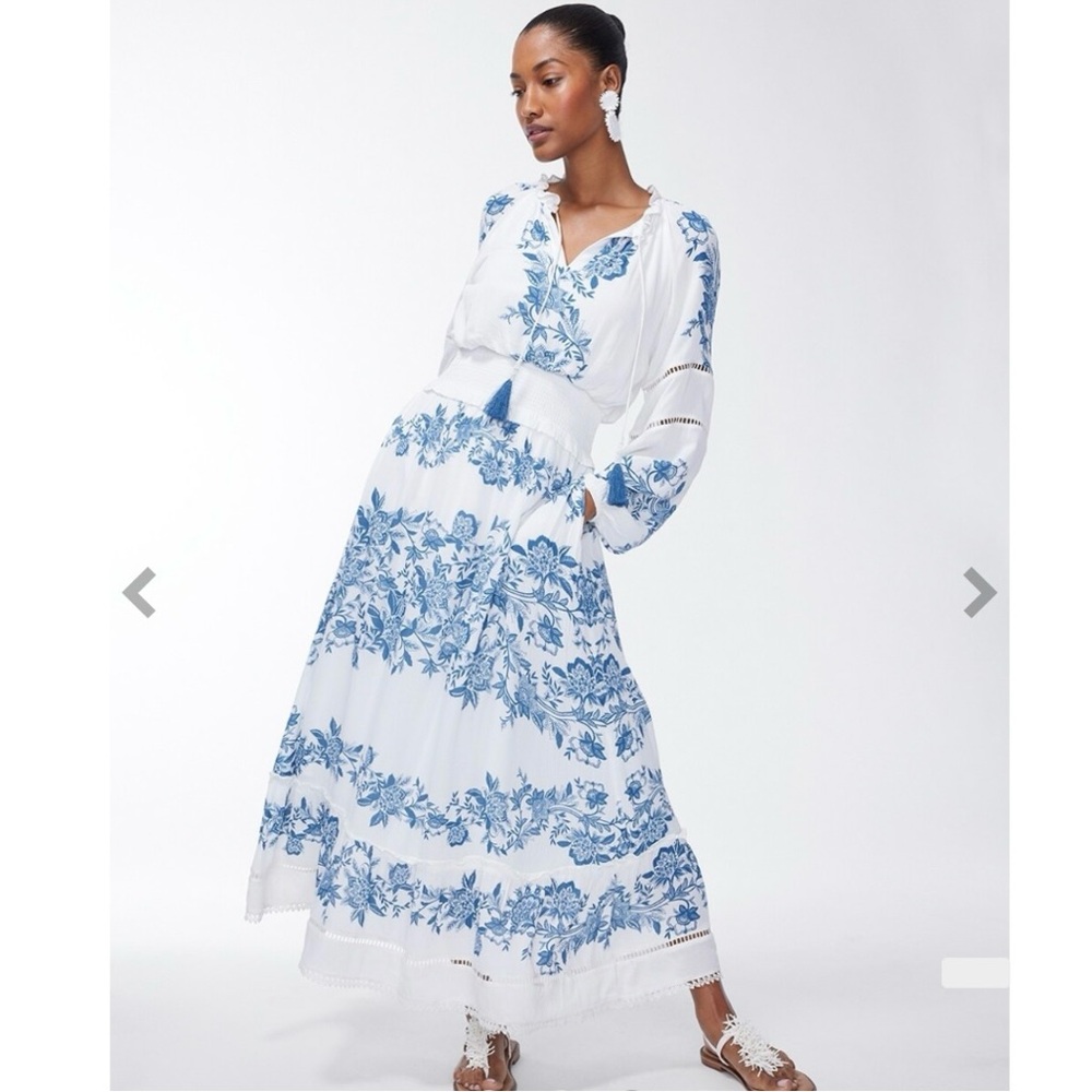 Chico's White and Blue Tiered Maxi Sundress